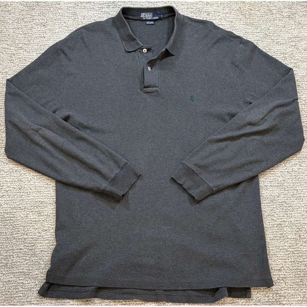 Polo Ralph Lauren Polo Shirt Men's Large Gray Long Sleeve Casual Stretch‎ Pony